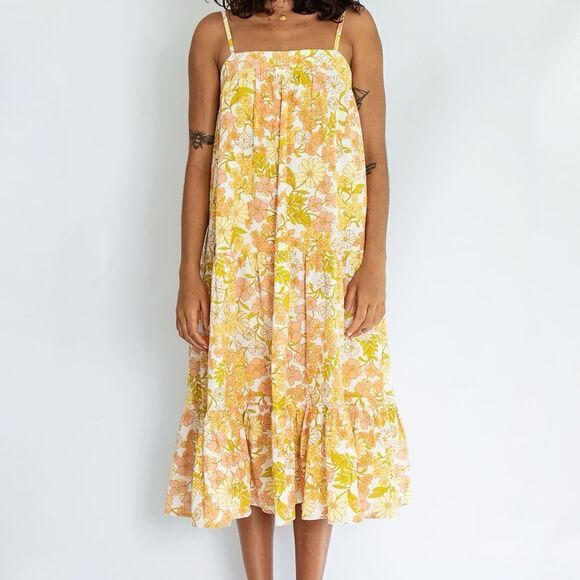 Girl And The Sun Yellow Floral Cami Strap Ruffle Midi Summer Dress - Picture 2 of 9